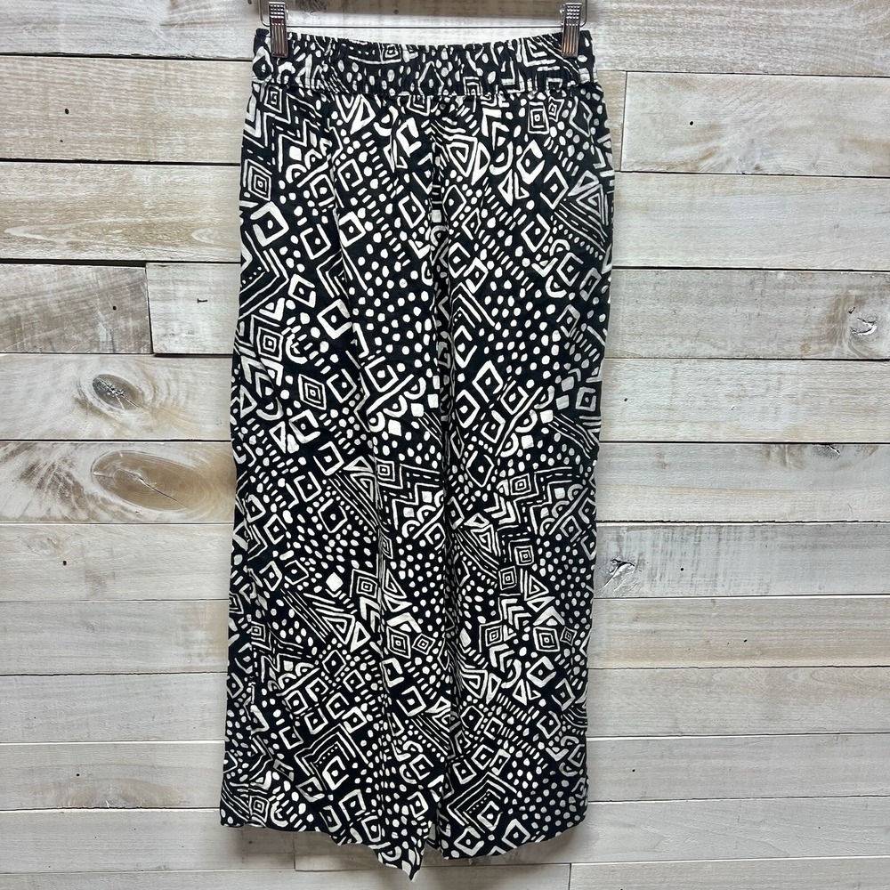 Tahari Wide Leg Linen Pants Womens Medium Black White Elastic Waist Pockets - Picture 4 of 9